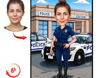 Custom Female Police Officer Cartoon Portrait | Personalized Policewoman Gift