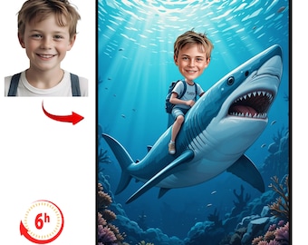 Personalized Kid Riding Shark Portrait, Custom Ocean Caricature