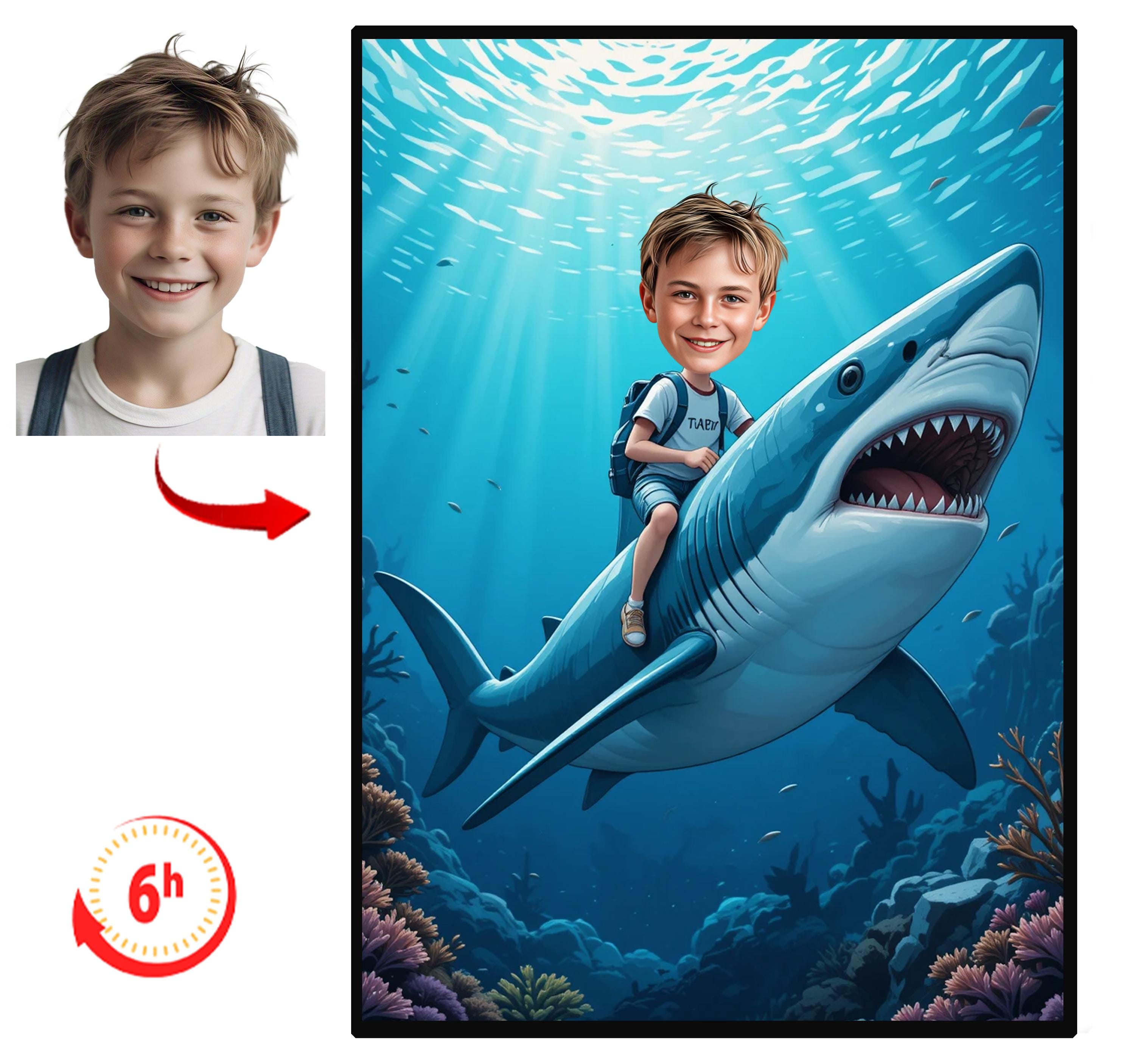 Personalized Kid Riding Shark Portrait, Custom Ocean Caricature - Etsy