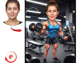 Retrato de dibujos animados personalizado de una mujer haciendo ejercicio / Regalo personalizado para el gimnasio