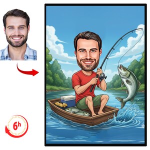 Puede incluir: Ilustración de dibujos animados de un hombre pescando desde un bote. El hombre lleva una camisa roja y pantalones cortos verdes, sosteniendo una caña de pescar con un pez grande saltando fuera del agua. Una nevera y peces están en el bote. El fondo muestra un cielo azul y árboles.