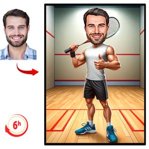 May include: Cartoon illustration of a man in a squash court, holding a racquet and giving a thumbs-up. He wears a white vest, black shorts, and blue trainers. The background shows the court's walls and floor.