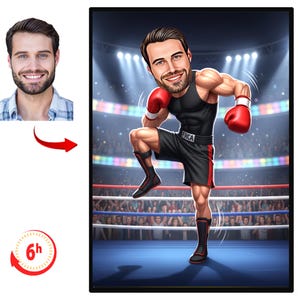 May include: Digital caricature of a man in a boxing ring, wearing black shorts with red trim, a black tank top, and red boxing gloves. The background shows a crowd and stadium lights. Includes a photo of the man and a 6-hour turnaround icon.