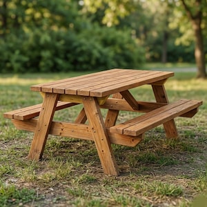 May include: A wooden picnic table featuring a rectangular tabletop constructed from horizontal planks, supported by two A-frame legs on each side. Two attached benches run parallel to the tabletop, connected by angled wooden support beams.