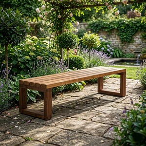 Puede incluir: Un banco rectangular de madera con un diseño de asiento de listones y dos soportes de patas robustos de forma cuadrada. El banco está construido con madera marrón natural con un acabado liso, colocado sobre una superficie de patio de piedra.