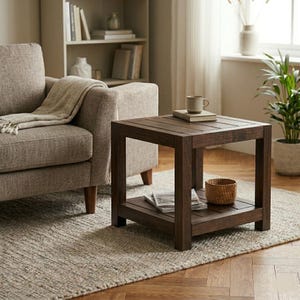 May include: A square dark brown wooden side table with four sturdy legs and a lower shelf. The tabletop holds a light-colored ceramic mug resting on a book. A small woven basket sits on the lower shelf alongside a stack of magazines.