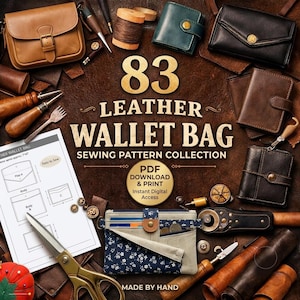 May include: A collection of leather goods including a tan shoulder bag, a teal wallet, a black envelope clutch, and various small leather pouches. The image features sewing tools, a spool of thread, scissors, and a printed sewing pattern.