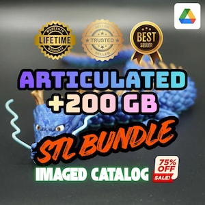 May include: A blue articulated dragon figurine with gold accents, the text "ARTICULATED +200 GB STL BUNDLE" is displayed. The image also includes "IMAGED CATALOG" and a "75% OFF SALE!" badge.