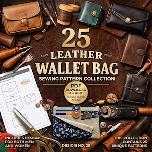 Puede incluir: Una colección de artículos de cuero que incluye un bolso de hombro color canela, una cartera verde azulado, una cartera sobre negra y un estuche de tela floral, rodeados de herramientas de costura y una hoja de patrón 25 LEATHER WALLET BAG.