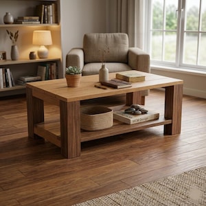 Könnte beinhalten: Ein rechteckiger Couchtisch aus Holz mit einer hellbraunen Tischplatte und dunkelbraunen Beinen. Der Tisch verfügt über eine untere Ablage mit einem geflochtenen Korb und einem Buch mit dem Titel MCM Design. Eine Sukkulente, eine Vase und ein Notizbuch stehen darauf.