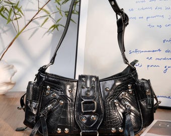 Durable Studded Leather Hobo Bag | Witch Goth Purse | Grunge off
