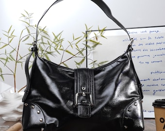 Handmade leather hobo bag,black shoulder purse,women's everyday bag,soft slouchy style buckle detail,metal stud accents,Valentine gift