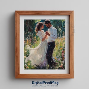 May include: A framed print showing a couple dancing in a field of flowers. The artwork depicts a man and woman in a romantic embrace, surrounded by colourful blooms and greenery. The frame is made of wood and the print is labelled "DigitalProdMag".