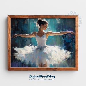 May include: A framed wall art print of a ballerina in a white tutu, arms outstretched. The painting has a textured, impressionistic style with a blue and white color palette. The text "DigitalProdMag DIGITAL WALL ART PRINTS" is at the bottom.