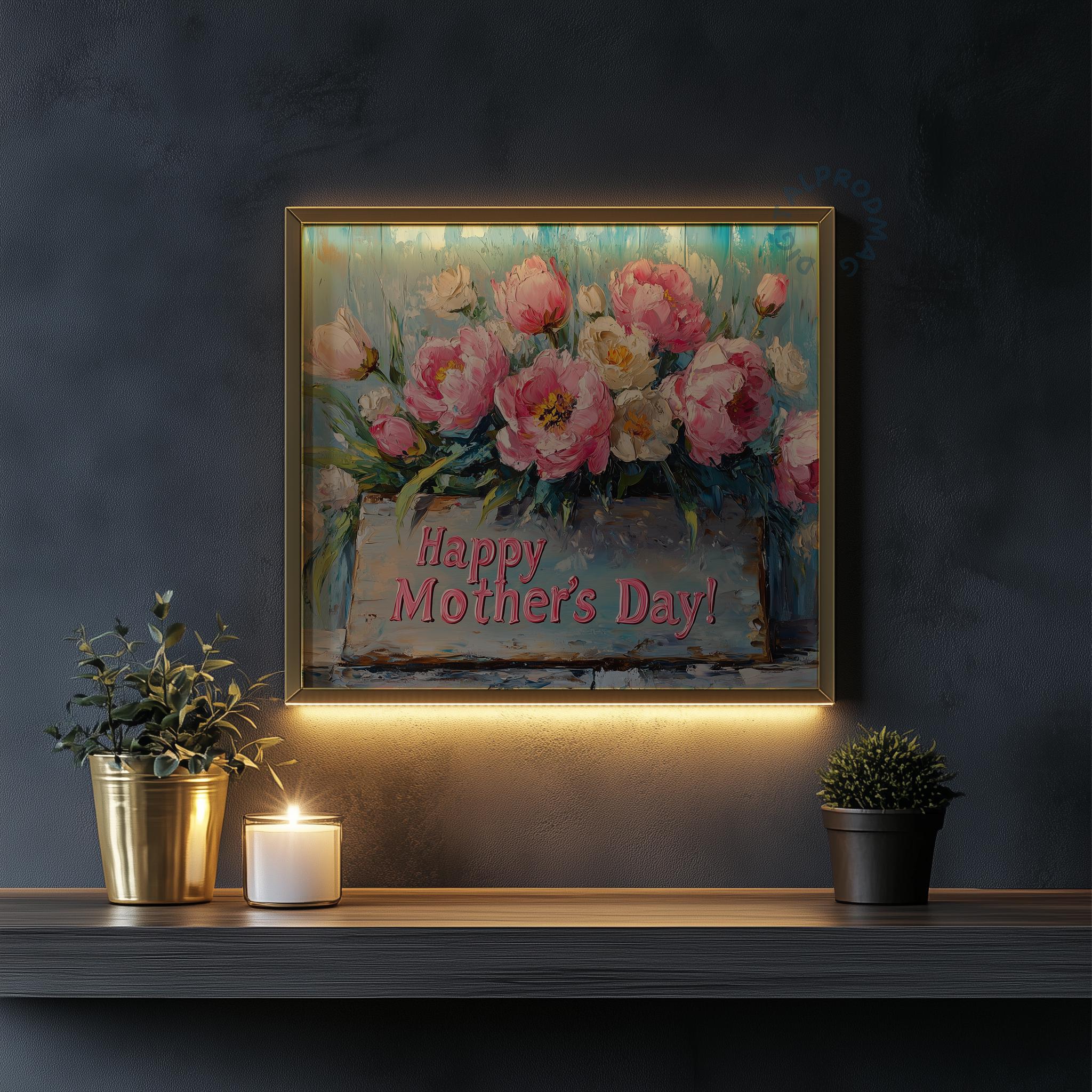 Mother's Day Printable Bouquet Wall Art, Pink Peonies in Rustic Box ...
