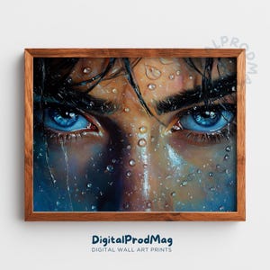 Moody Hyperrealistic Portrait Art - Close-up Blue Eyes, Dramatic Face Painting, Cinematic Wall Decor, Digital Download Printable 139