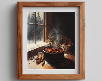 Cozy Winter Mulled Wine Painting - Rustic Seasonal Kitchen Decor, Warm Cinnamon Spices Art, Printable Winter Wall Decor, Digital Download 43