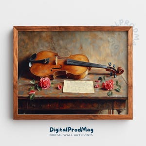 May include: A framed wall art print featuring a violin, sheet music, and roses. The violin is brown with black strings, resting on a wooden table. Two red roses and scattered petals add color to the scene. The artwork is signed "DigitalProdMag".
