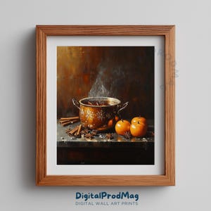 May include: A framed print of a still life featuring a copper pot with steam rising from it, surrounded by cinnamon sticks, star anise, and two oranges. The pot has a decorative pattern. The artwork is set against a warm, brown background.