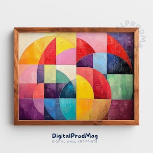 Retro Mid-Century Modern Geometric Rainbow - Arte murale astratta stampabile e vibrante, griglia colorata con forme sovrapposte strutturate 151