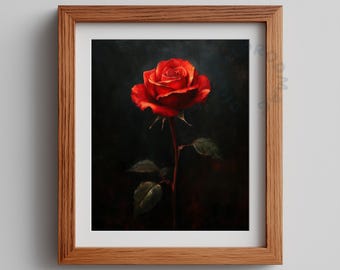 Arte mural imprimible de rosas rojas aterciopeladas: bodegón vintage romántico, elegancia clásica y melancólica, descarga digital de pintura floral decorativa 103