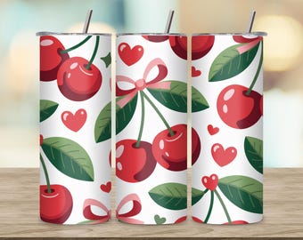 Cherry  Valentine Tumbler Wrap PNG, Pink Bow Hearts 20oz Skinny Sublimation Design, Romantic Watercolor
