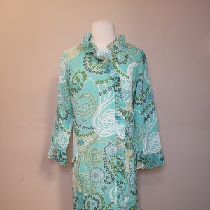 1972 Green Cotton Palette Psychedelic Print Dress  Ruffle Accent sz L