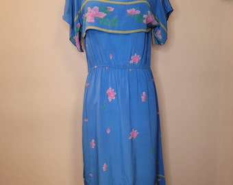 1980s Does 1930s Flora Kung Silk Floral Dress With Capelet Styling