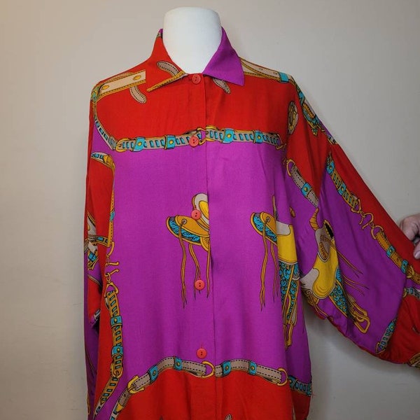 Circa 1985 United Colors of Benetton Long Sleeve Graphic Button Up Shirt sz LG/44 Made in Italy