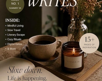 May include: A digital magazine cover titled Nora Vance Writes Issue No. 1 Summer '26. It features a speckled ceramic mug, a lit amber glass candle labeled Summer '26, an open notebook with a pen, and text including 15+ pages of inspiration.
