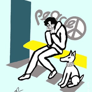 May include: A black and white illustration of a person sitting on a yellow bench with a white dog. The person is wearing a white jacket and has their head down. The word "peace" is written on the wall behind them, with a peace sign.