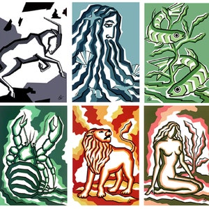 Jacqueline Ditt - "12 schede cartella" Set di segni zodiacali grafica originale ARTcards