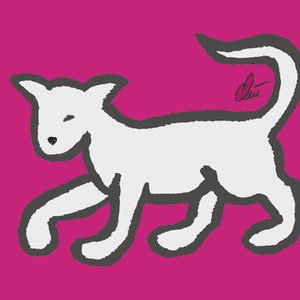 Puede incluir: Un gato de dibujos animados blanco con un contorno gris caminando sobre un fondo rosa. El gato mira hacia la izquierda. La firma "Alex" está escrita en gris en la esquina superior derecha.
