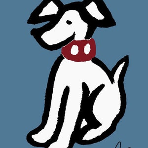 May include: A white dog with black outlines sits with its legs crossed. The dog is wearing a red collar with two white circles. The background is a solid blue color.