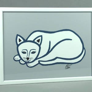 May include: A white cat with blue outlines is lying down on a light blue background. The cat's eyes are black, and its nose is pink. The cat is curled up in a ball, with its tail tucked under its body. The cat is framed in a white frame.