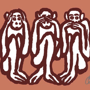 May include: Three white monkeys with brown outlines, each covering a different part of their face. The monkey on the left covers its ears, the middle monkey covers its eyes, and the monkey on the right covers its mouth. The monkeys are on a solid brown background.