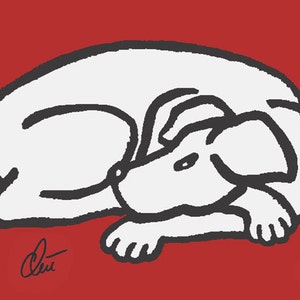 May include: A black and white line drawing of a dog curled up sleeping on a red background. The dog is drawn in a simple, cartoon style.