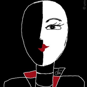 May include: A black and white illustration of a person's face with a red lip. The person is wearing a black jacket with a red collar.