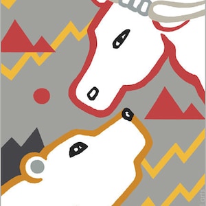 May include: A white bull with red outlines and a gray headband faces a white bear with orange outlines against a gray background with red and yellow zigzags.