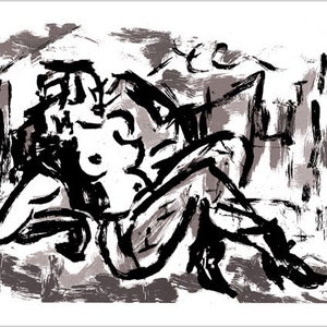 Puede incluir: Una pintura abstracta en blanco y negro de una figura en una pose reclinada. La figura está dibujada con trazos audaces y expresivos, creando una sensación de movimiento y energía. El fondo está lleno de una variedad de texturas y patrones, agregando profundidad y complejidad a la composición.