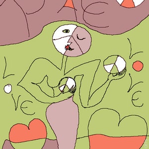 May include: A green and pink abstract illustration with the word "Peace" written in cursive at the top. The illustration features a stylized human figure holding two white circles with red and black accents. The figure is surrounded by hearts and circles.