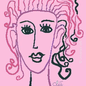 May include: A pink and black line drawing of a woman's face with curly hair. The woman has large eyes and a small mouth. The drawing is on a pink background.