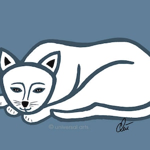 May include: A white cat with black eyes and a black nose is curled up on a blue background. The cat's tail is curled around its body. The cat is drawn in a simple, stylized manner.