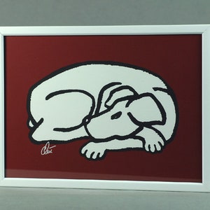 May include: A white line drawing of a dog sleeping on a red background. The dog is curled up with its head resting on its paws. The drawing is framed in a white frame.