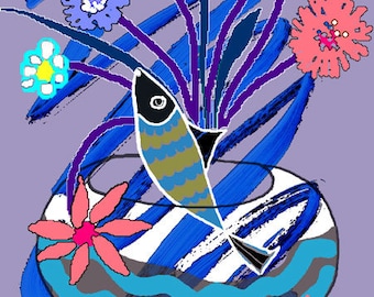 Jacqueline Ditt - « Fishbowl and Flowers » original graphique ARTcard