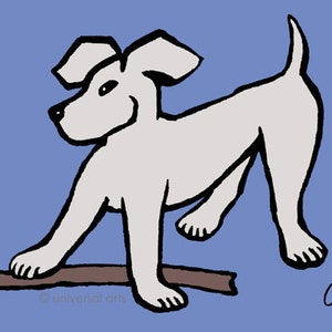 May include: A cartoon illustration of a white dog with black outlines, standing on its hind legs with its front paws on a brown stick. The dog is looking to the left of the image. The background is a solid blue colour.