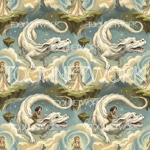 May include: A repeating pattern featuring white dragons, women in flowing gowns, and a girl riding a dragon. The background includes floating islands, mountains, and a cloudy sky with stars. The text "TOONNETWORK" is overlaid on the image.