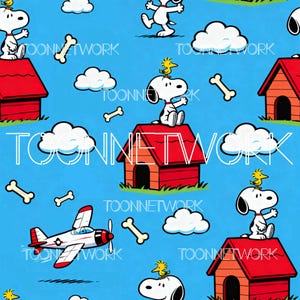 May include: A repeating pattern featuring Snoopy, Woodstock, dog houses, bones, clouds, and a biplane on a blue background. The text "TOONNETWORK" is overlaid on the image. The cartoon characters are in their classic style.