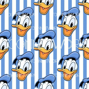 Könnte beinhalten: Ein sich wiederholendes Muster mit der Zeichentrickfigur Donald Duck. Das Design zeigt Donald Ducks Gesicht mit einer blauen Matrosenmütze und einem orangefarbenen Schnabel, vor einem Hintergrund aus blau-weißen vertikalen Streifen. Der Text "DONNE NETWORK" ist ebenfalls vorhanden.