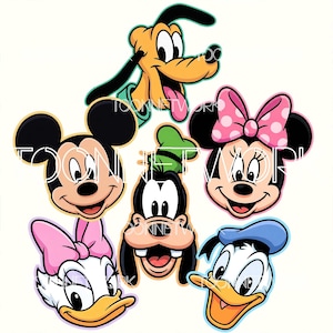 May include: A collection of cartoon character faces, including Mickey Mouse, Minnie Mouse, Donald Duck, Daisy Duck, Goofy, and Pluto. The characters are in a colorful, cartoon style with black outlines and white backgrounds. The text "TOON NETWORK" is visible.